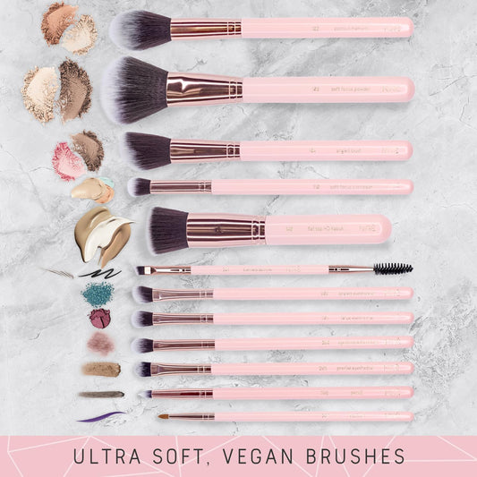 Beauty Pink Makeup Brushes - 15-Piece Award Winning Pink Makeup Brush Set with Case, Blending Sponge, Brush Cleaner, Guide, Gift Box