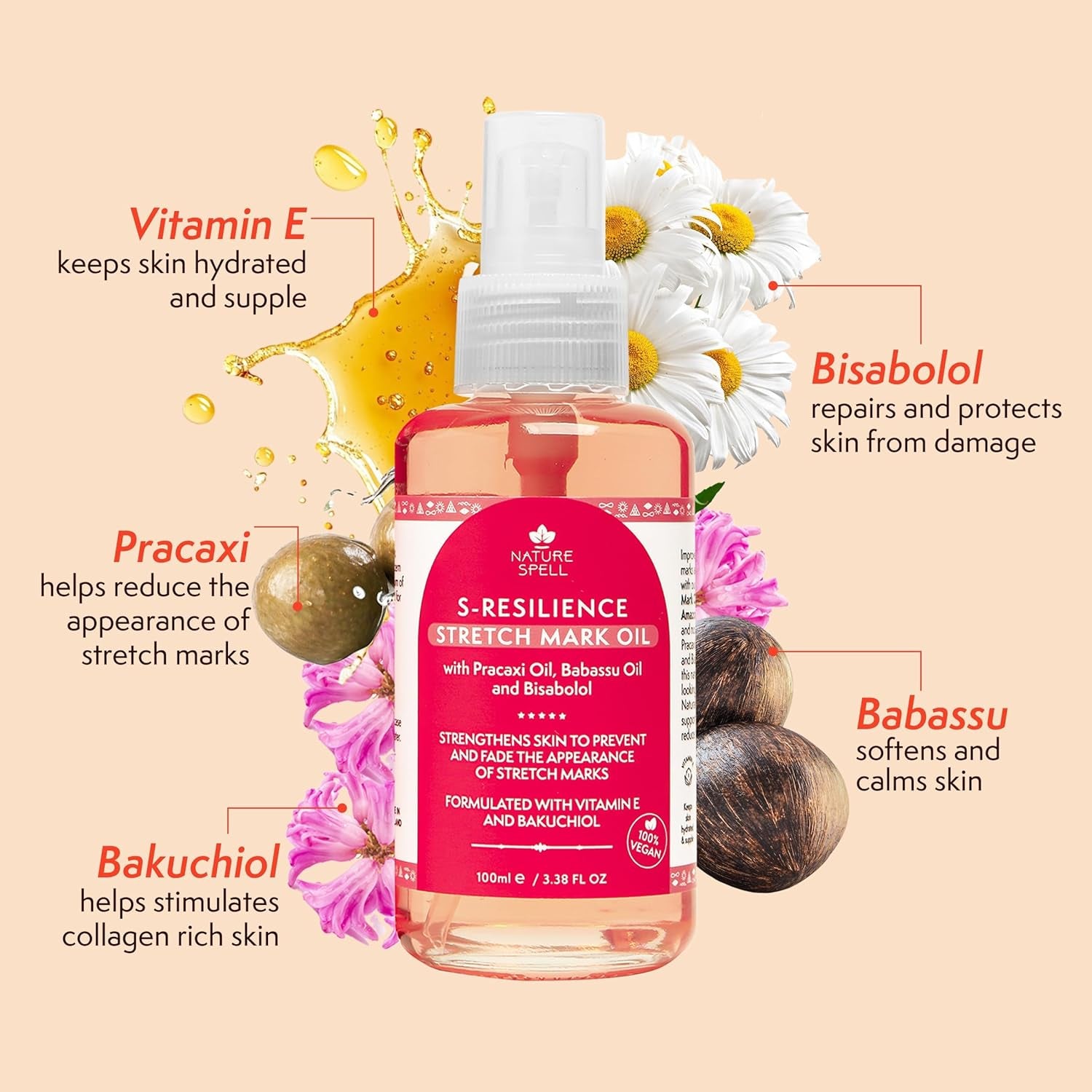 Stretch Mark Body Oil, Strengthens Skin Elasticity & Helps with the Appearance of Stretch Marks and Scars, Infused with Vitamin E, Vegan, 100Ml