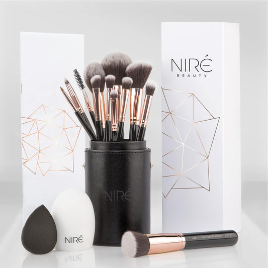 Beauty Professional Makeup Brushes - 15-Piece Award Winning Vegan Makeup Brush Set with Case, Blending Sponge, Brush Cleaner, Guide, Gift Box