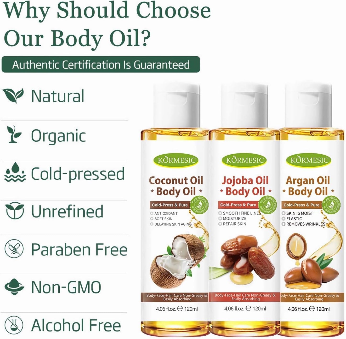 [Pack of 3]  Pure Natural Body Oil for Dry Skin, Super Moisturize and Anti-Aging, Organic Body Oils for Face, Hair, Nails, Massage, Stretch Marks, Vegan Body Skin Care Oil for Women -120Ml*3